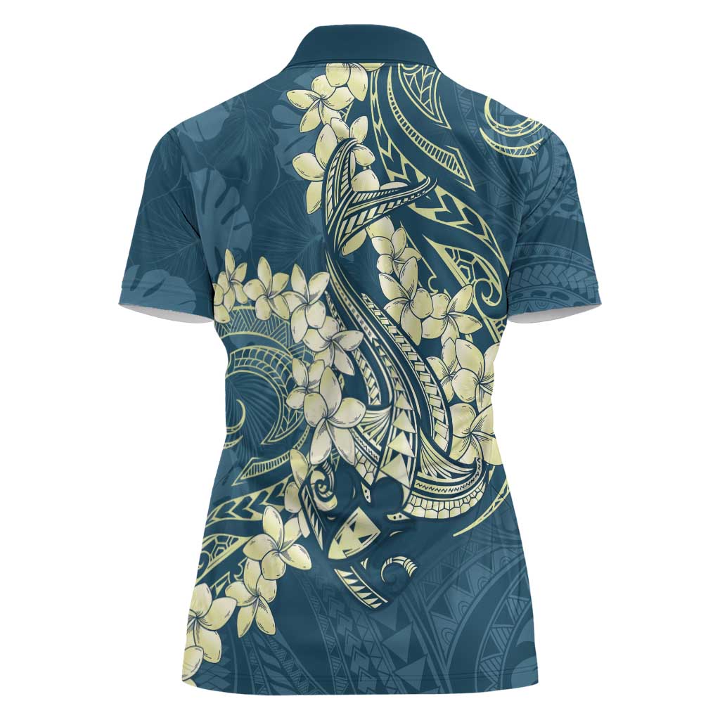 Cyan Polynesia Hammerhead Shark Tattoo With Plumeria Lei Women Polo Shirt