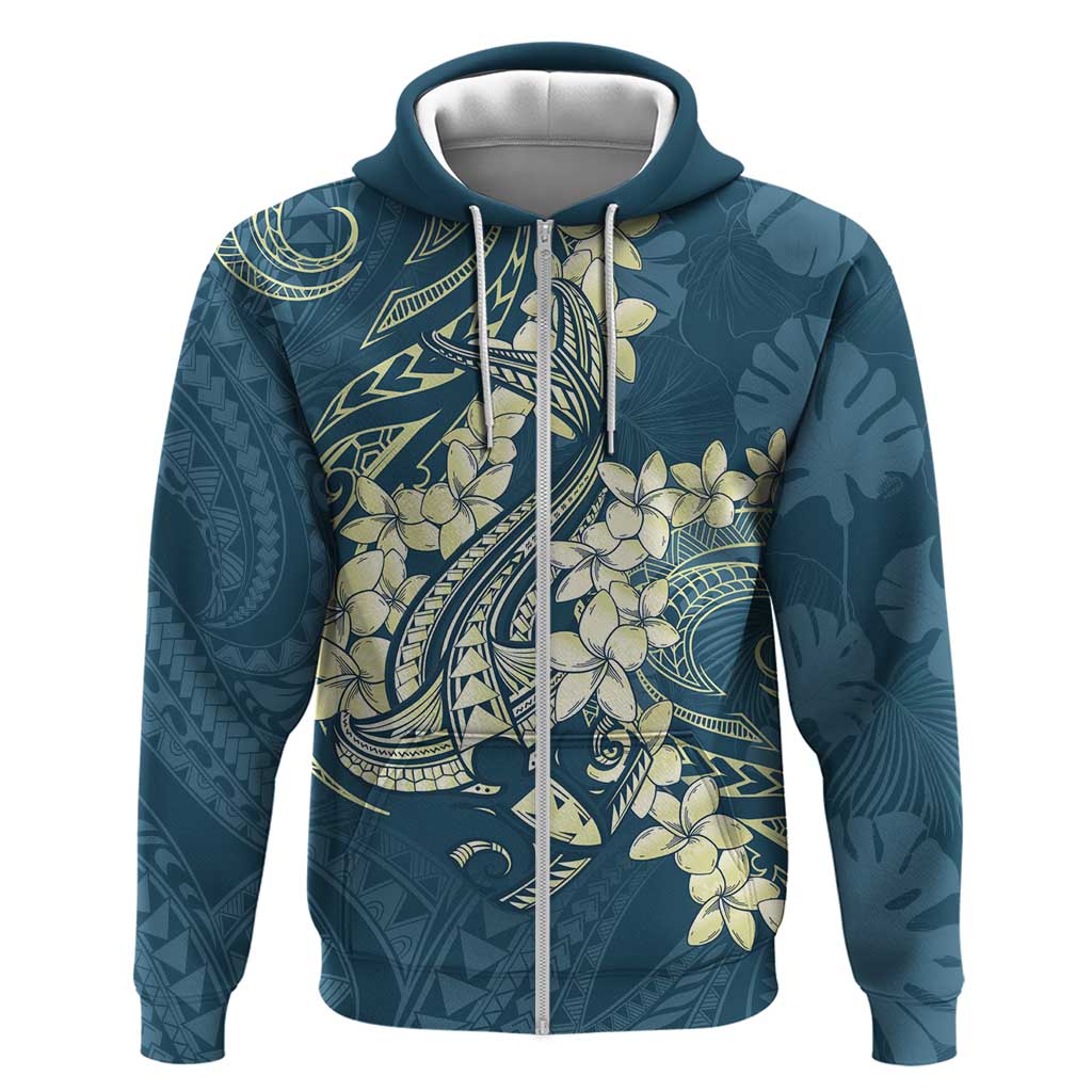Cyan Polynesia Hammerhead Shark Tattoo With Plumeria Lei Zip Hoodie