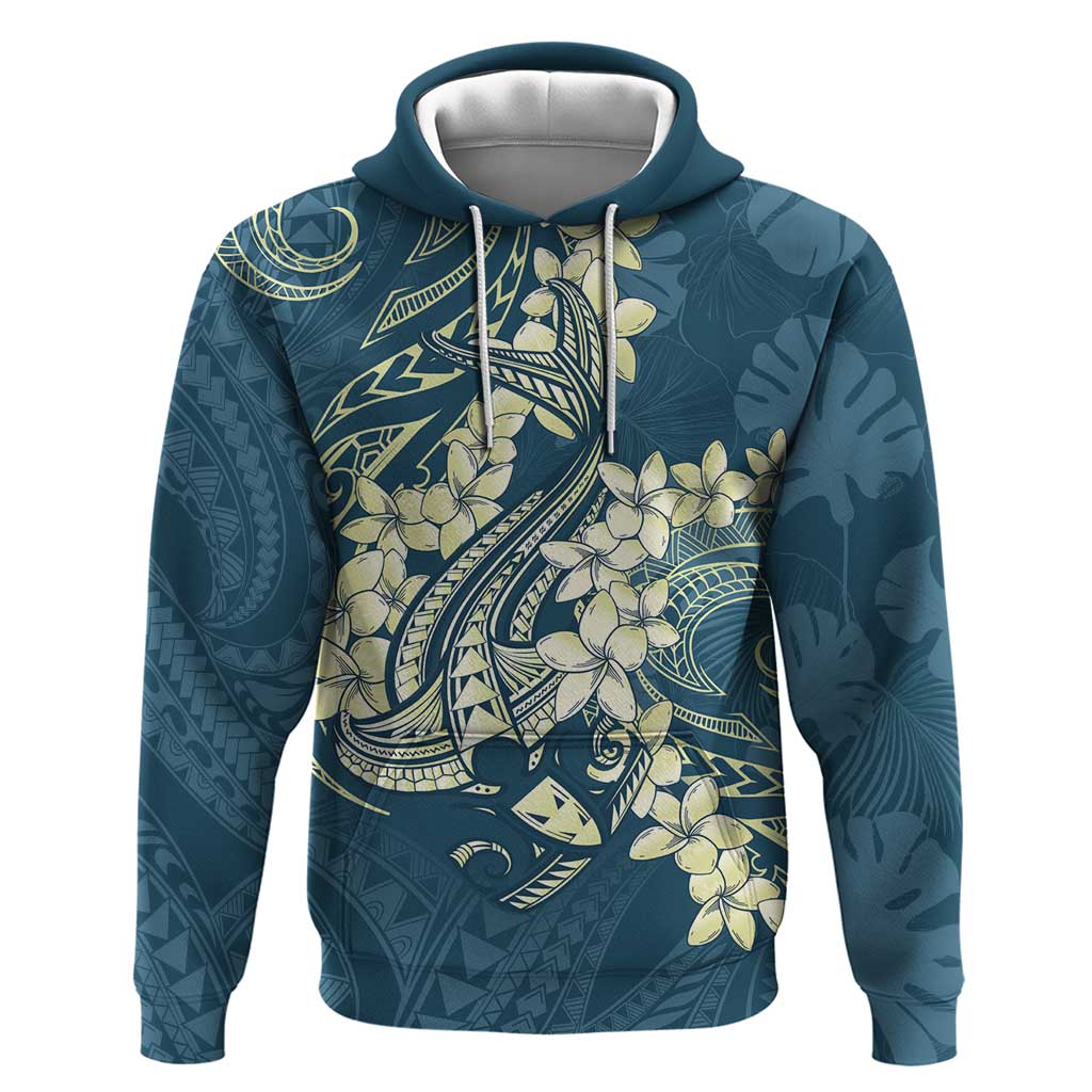 Cyan Polynesia Hammerhead Shark Tattoo With Plumeria Lei Zip Hoodie