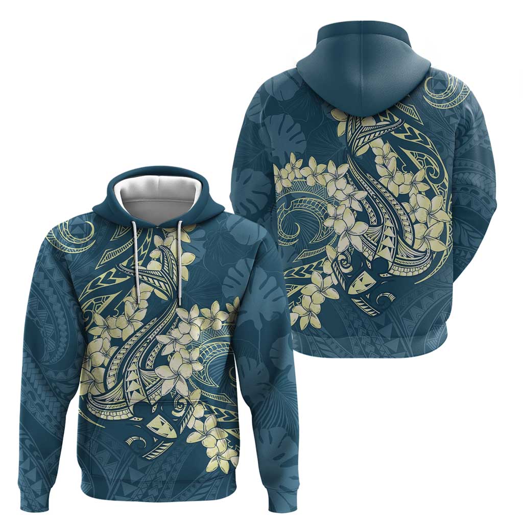 Cyan Polynesia Hammerhead Shark Tattoo With Plumeria Lei Zip Hoodie