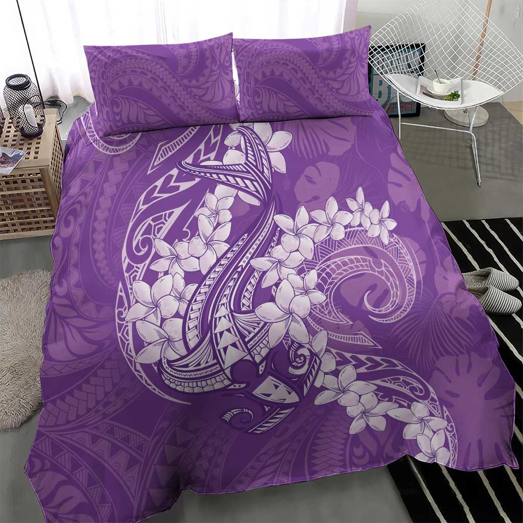 Purple Polynesia Hammerhead Shark Tattoo With Plumeria Lei Bedding Set