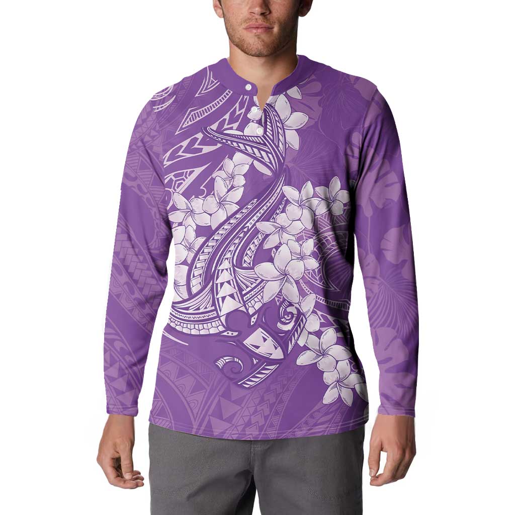 Purple Polynesia Hammerhead Shark Tattoo With Plumeria Lei Button Sweatshirt LT14 - Polynesian Pride