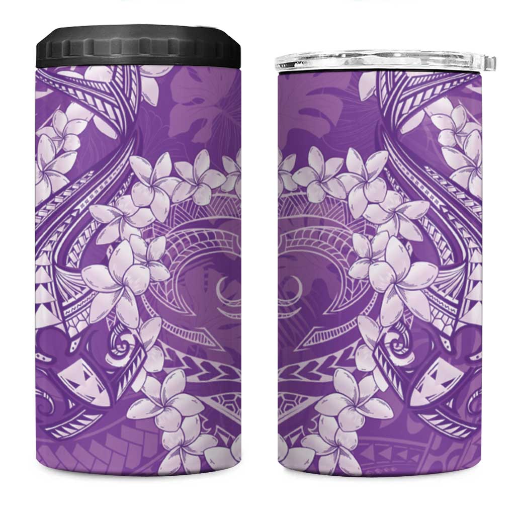 Purple Polynesia Hammerhead Shark Tattoo With Plumeria Lei 4 in 1 Can Cooler Tumbler