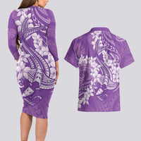 Purple Polynesia Hammerhead Shark Tattoo With Plumeria Lei Couples Matching Long Sleeve Bodycon Dress and Hawaiian Shirt