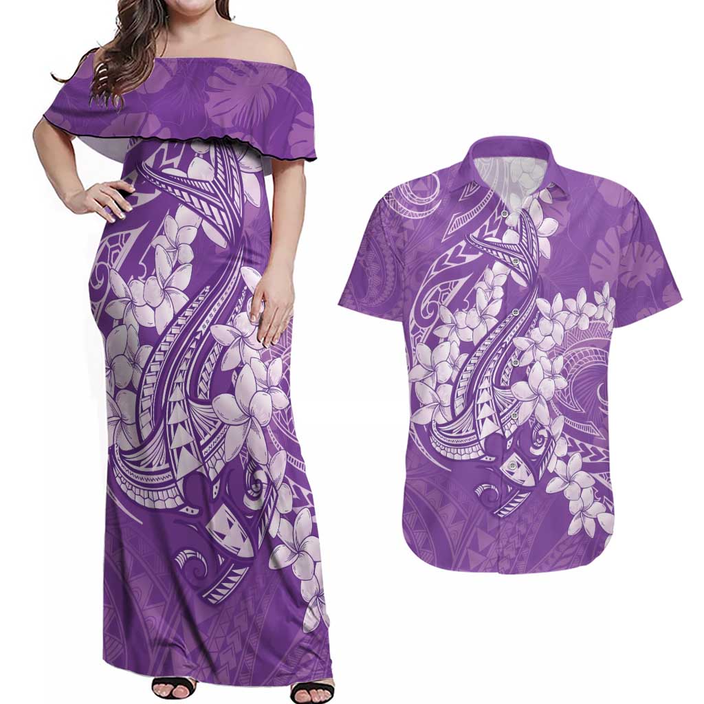 Purple Polynesia Hammerhead Shark Tattoo With Plumeria Lei Couples Matching Off Shoulder Maxi Dress and Hawaiian Shirt