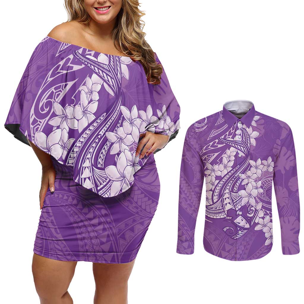 Purple Polynesia Hammerhead Shark Tattoo With Plumeria Lei Couples Matching Off Shoulder Short Dress and Long Sleeve Button Shirt LT14 Purple - Polynesian Pride