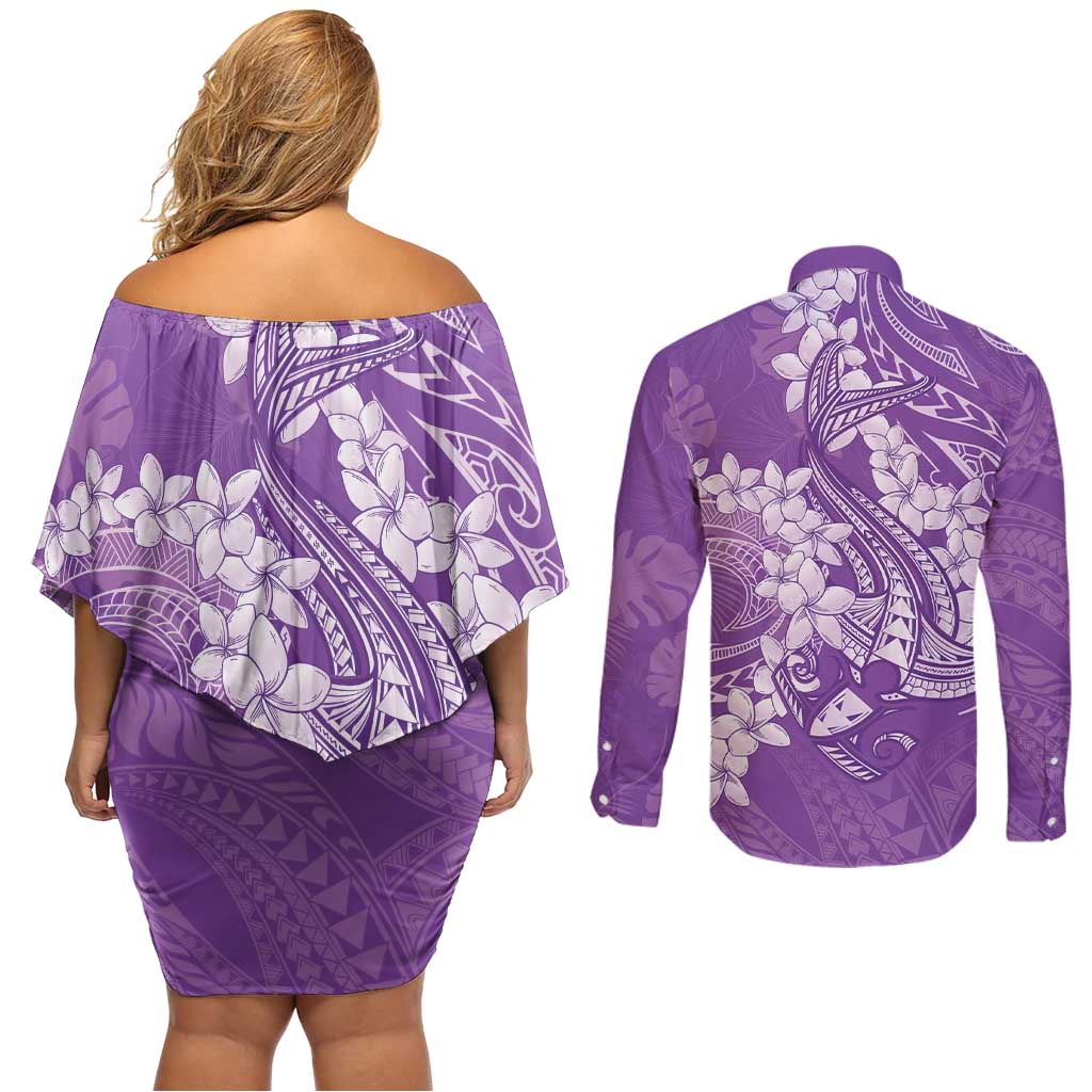 Purple Polynesia Hammerhead Shark Tattoo With Plumeria Lei Couples Matching Off Shoulder Short Dress and Long Sleeve Button Shirt LT14 - Polynesian Pride