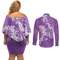Purple Polynesia Hammerhead Shark Tattoo With Plumeria Lei Couples Matching Off Shoulder Short Dress and Long Sleeve Button Shirt LT14 - Polynesian Pride