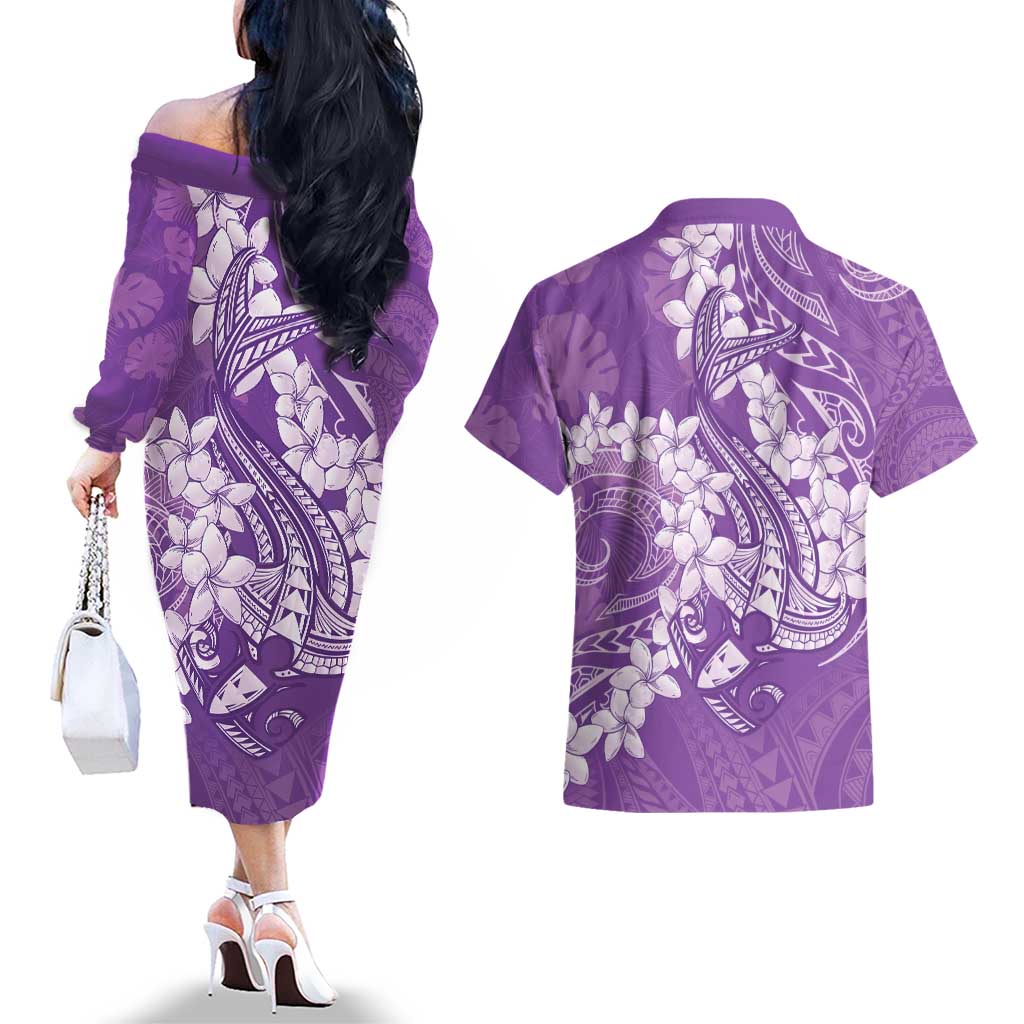 Purple Polynesia Hammerhead Shark Tattoo With Plumeria Lei Couples Matching Off The Shoulder Long Sleeve Dress and Hawaiian Shirt