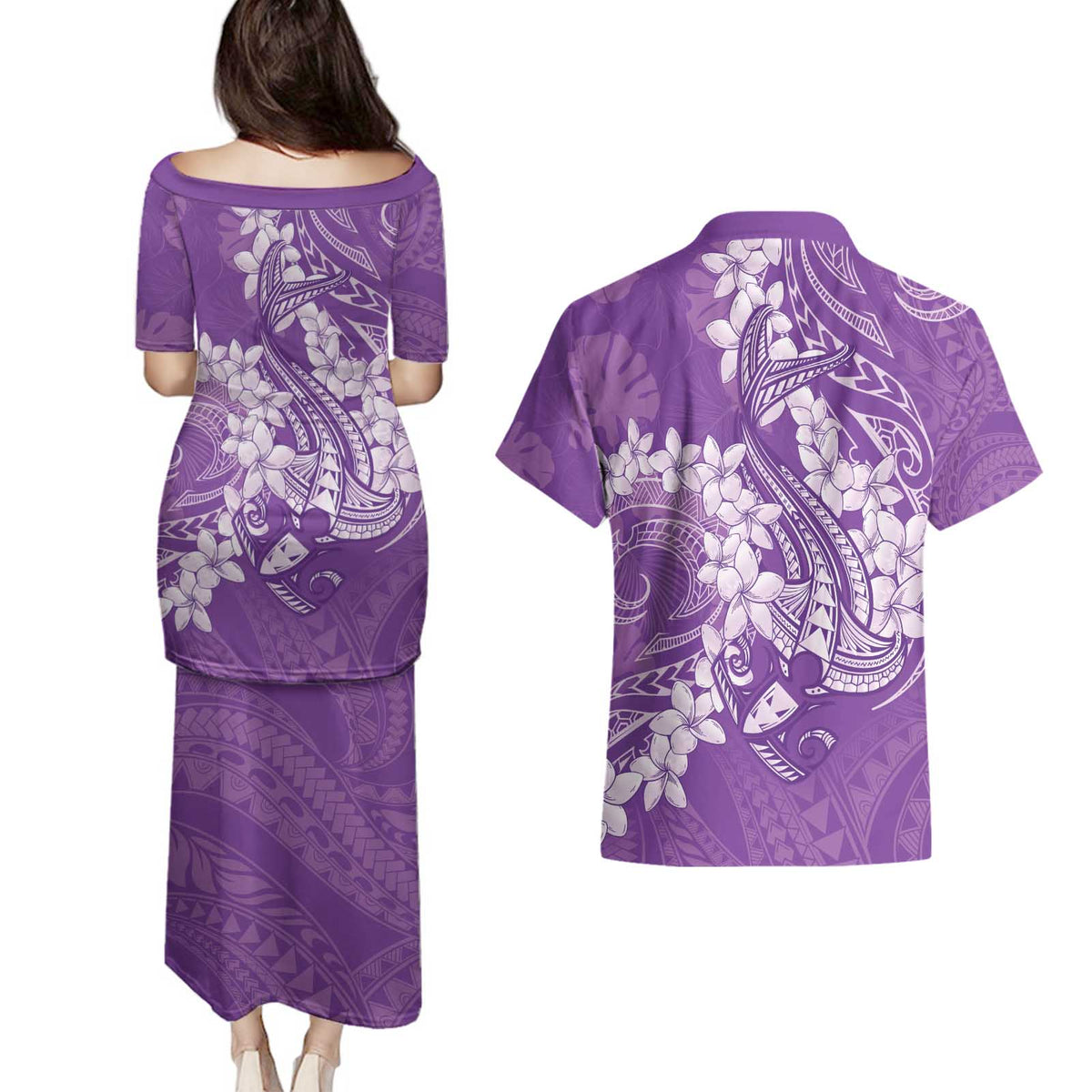 Purple Polynesia Hammerhead Shark Tattoo With Plumeria Lei Couples Matching Puletasi and Hawaiian Shirt