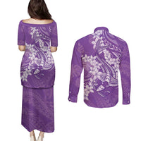 Purple Polynesia Hammerhead Shark Tattoo With Plumeria Lei Couples Matching Puletasi and Long Sleeve Button Shirt