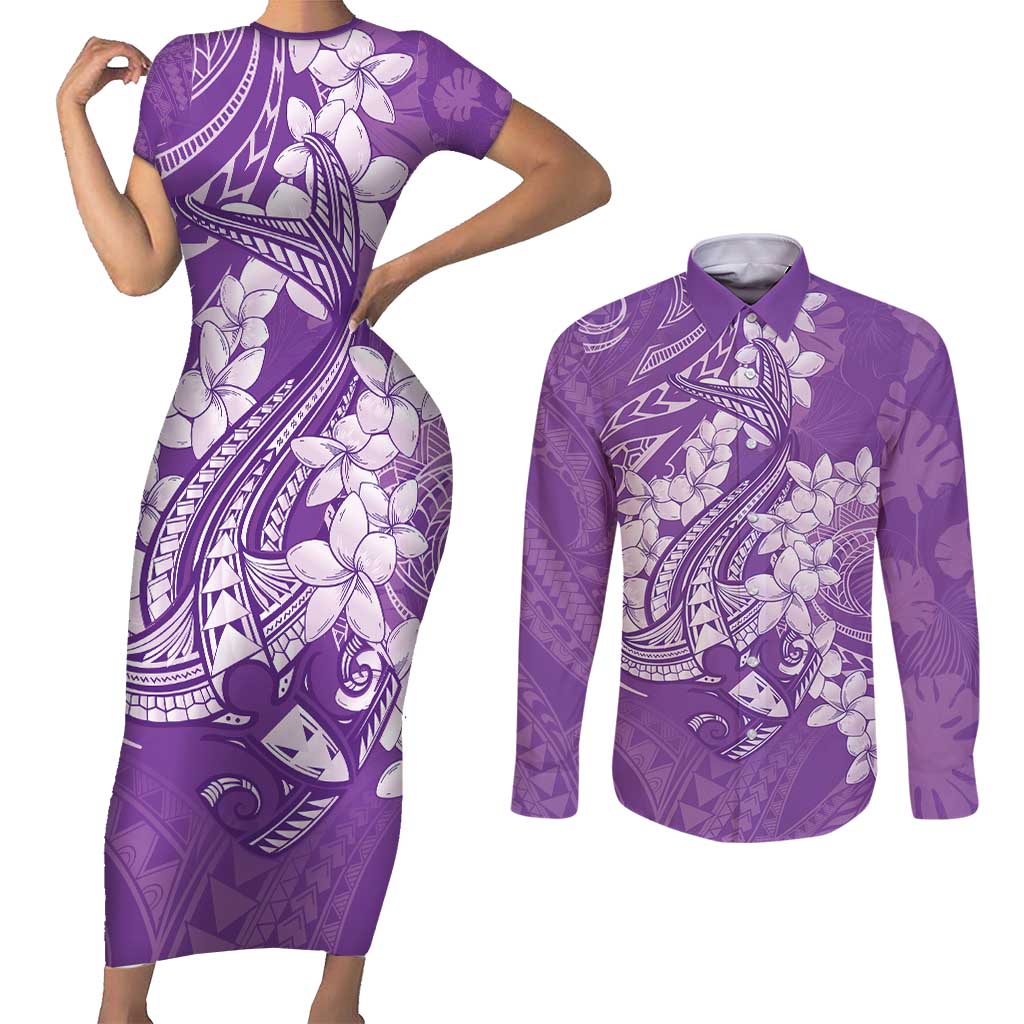 Purple Polynesia Hammerhead Shark Tattoo With Plumeria Lei Couples Matching Short Sleeve Bodycon Dress and Long Sleeve Button Shirt