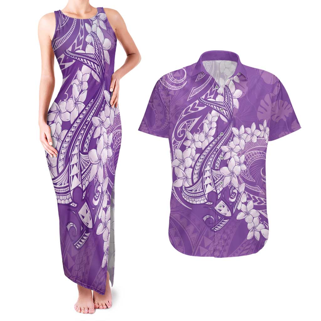 Purple Polynesia Hammerhead Shark Tattoo With Plumeria Lei Couples Matching Tank Maxi Dress and Hawaiian Shirt