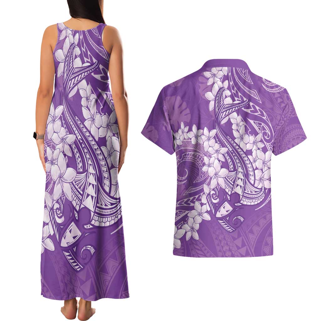 Purple Polynesia Hammerhead Shark Tattoo With Plumeria Lei Couples Matching Tank Maxi Dress and Hawaiian Shirt
