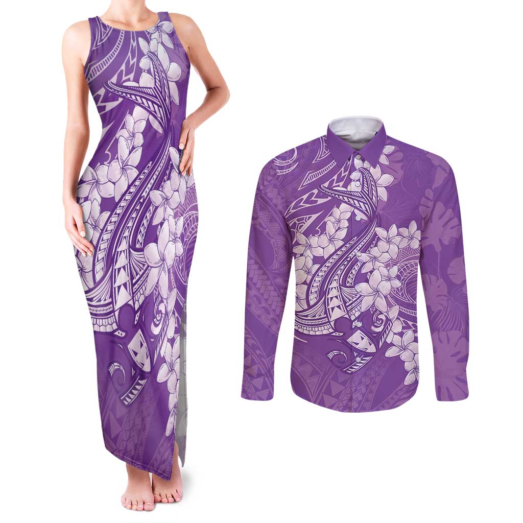 Purple Polynesia Hammerhead Shark Tattoo With Plumeria Lei Couples Matching Tank Maxi Dress and Long Sleeve Button Shirt
