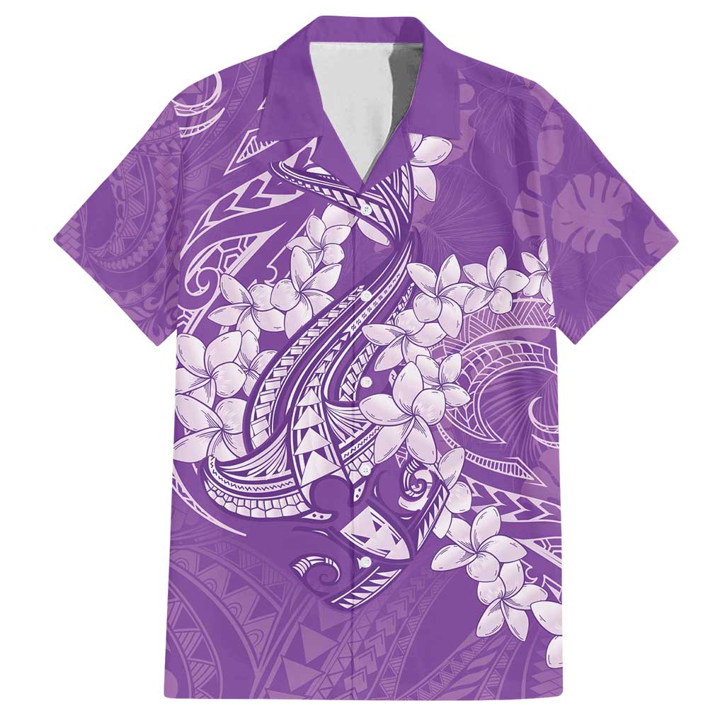Purple Polynesia Hammerhead Shark Tattoo With Plumeria Lei Family Matching Long Sleeve Bodycon Dress and Hawaiian Shirt