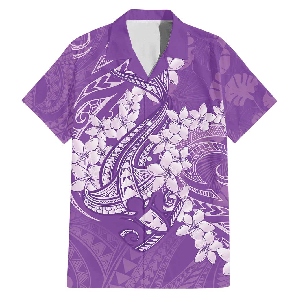 Purple Polynesia Hammerhead Shark Tattoo With Plumeria Lei Family Matching Mermaid Dress and Hawaiian Shirt