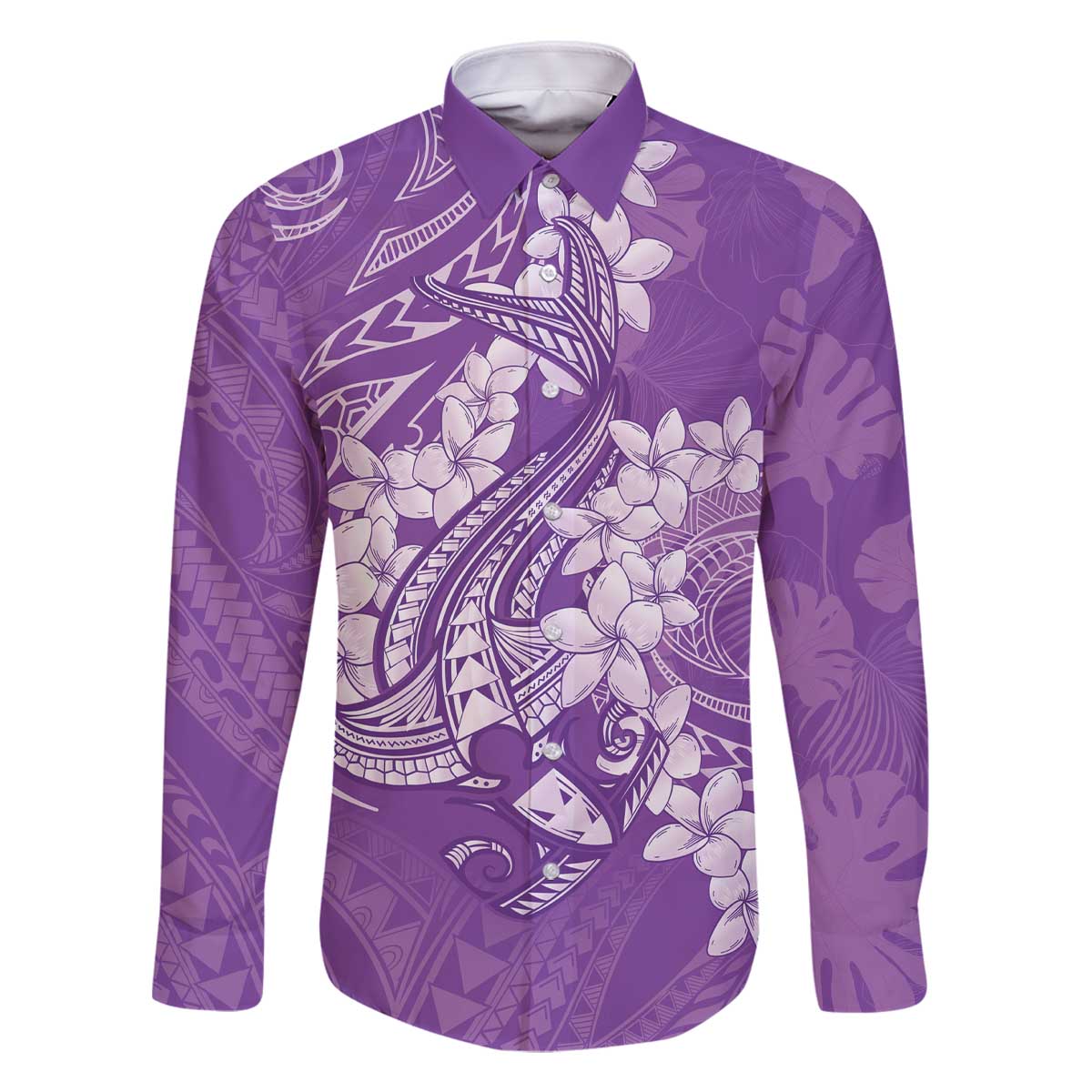 Purple Polynesia Hammerhead Shark Tattoo With Plumeria Lei Family Matching Off The Shoulder Long Sleeve Dress and Hawaiian Shirt