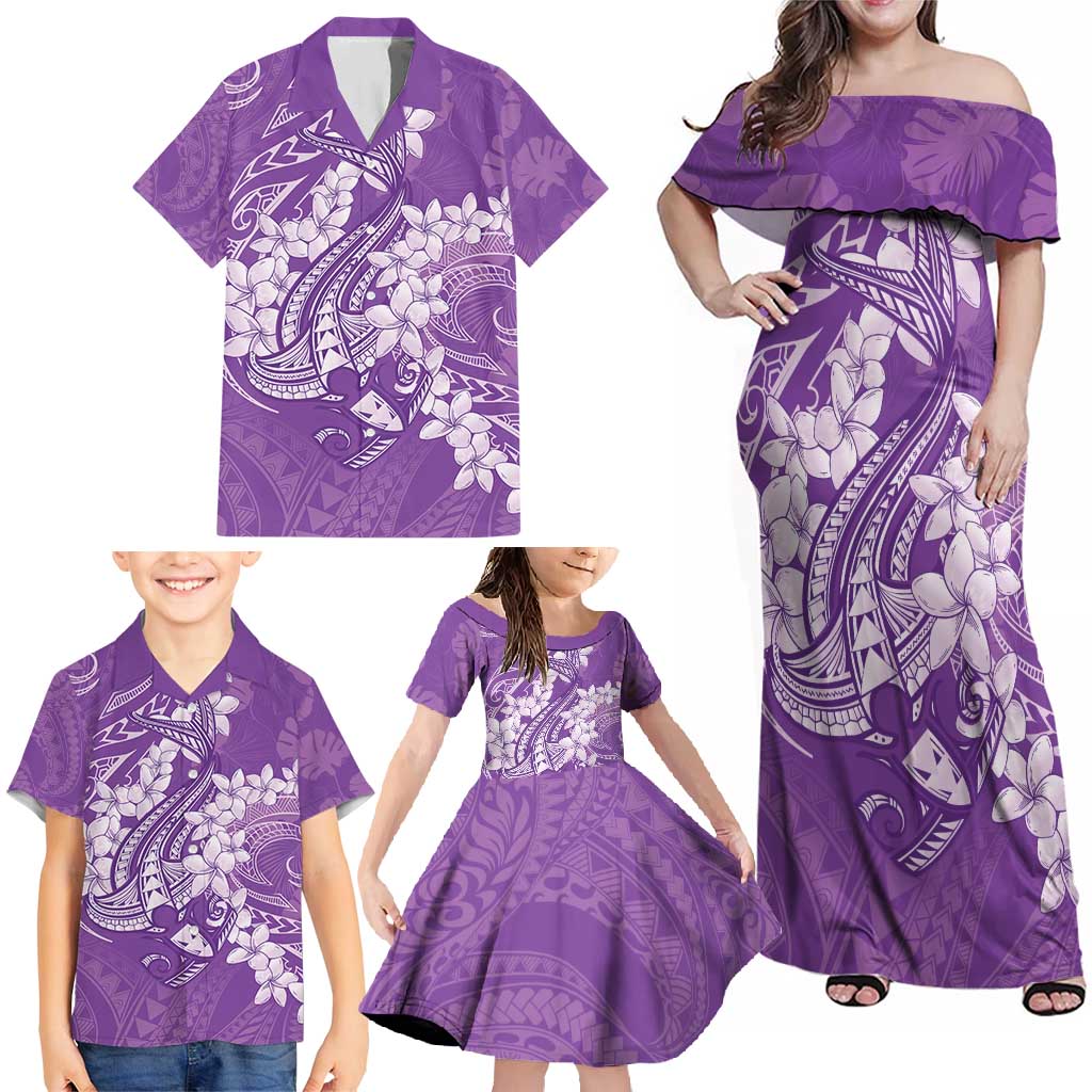 Purple Polynesia Hammerhead Shark Tattoo With Plumeria Lei Family Matching Off Shoulder Maxi Dress and Hawaiian Shirt