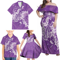 Purple Polynesia Hammerhead Shark Tattoo With Plumeria Lei Family Matching Off Shoulder Maxi Dress and Hawaiian Shirt