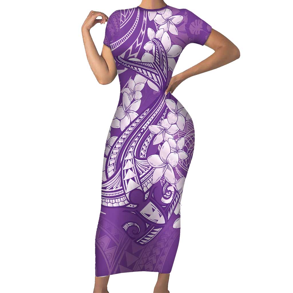 Purple Polynesia Hammerhead Shark Tattoo With Plumeria Lei Family Matching Short Sleeve Bodycon Dress and Hawaiian Shirt