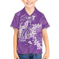 Purple Polynesia Hammerhead Shark Tattoo With Plumeria Lei Family Matching Short Sleeve Bodycon Dress and Hawaiian Shirt
