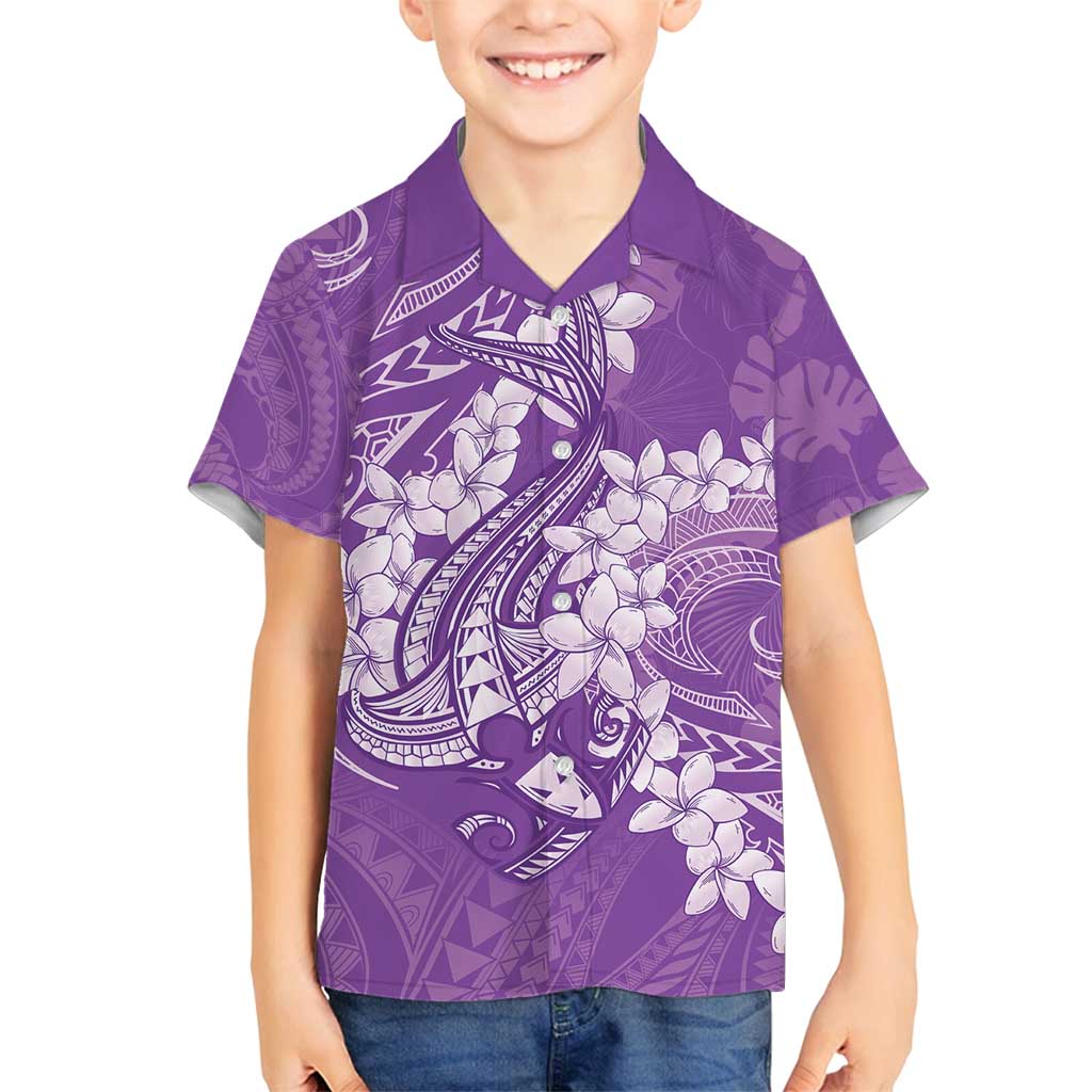 Purple Polynesia Hammerhead Shark Tattoo With Plumeria Lei Family Matching Summer Maxi Dress and Hawaiian Shirt