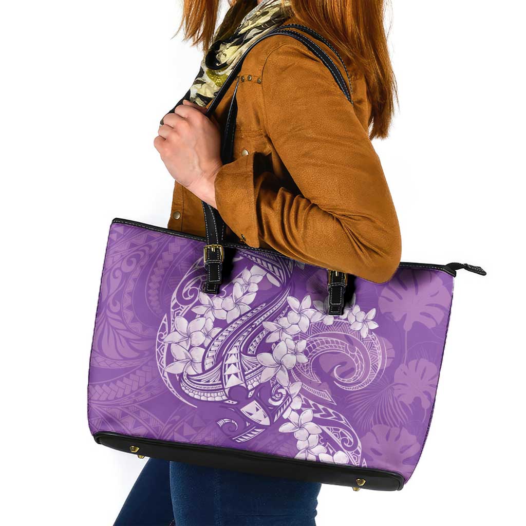 Purple Polynesia Hammerhead Shark Tattoo With Plumeria Lei Leather Tote Bag