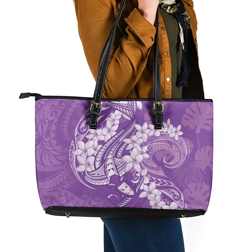 Purple Polynesia Hammerhead Shark Tattoo With Plumeria Lei Leather Tote Bag