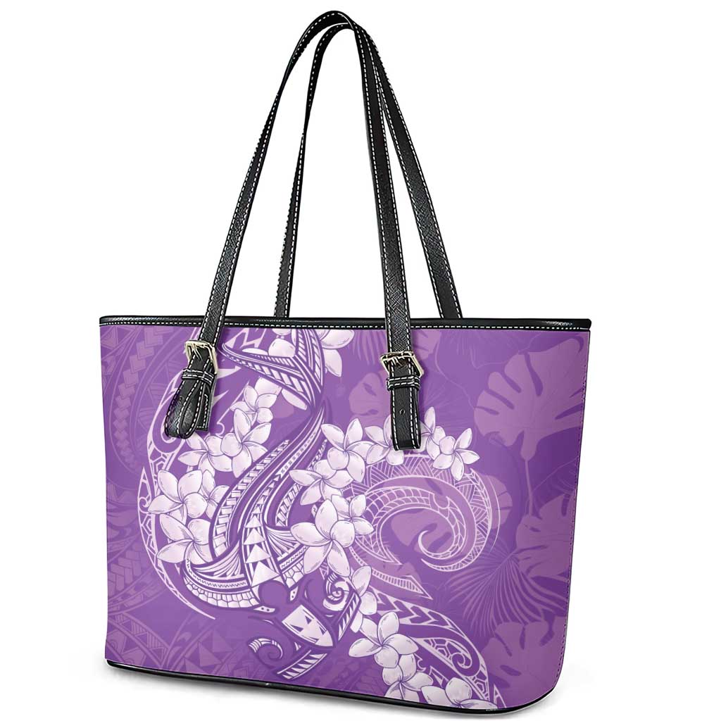 Purple Polynesia Hammerhead Shark Tattoo With Plumeria Lei Leather Tote Bag