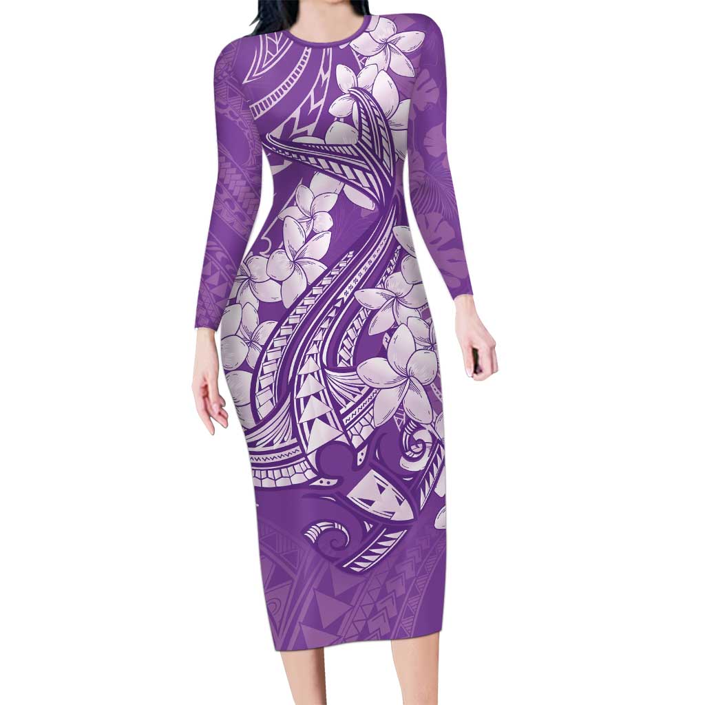 Purple Polynesia Hammerhead Shark Tattoo With Plumeria Lei Long Sleeve Bodycon Dress