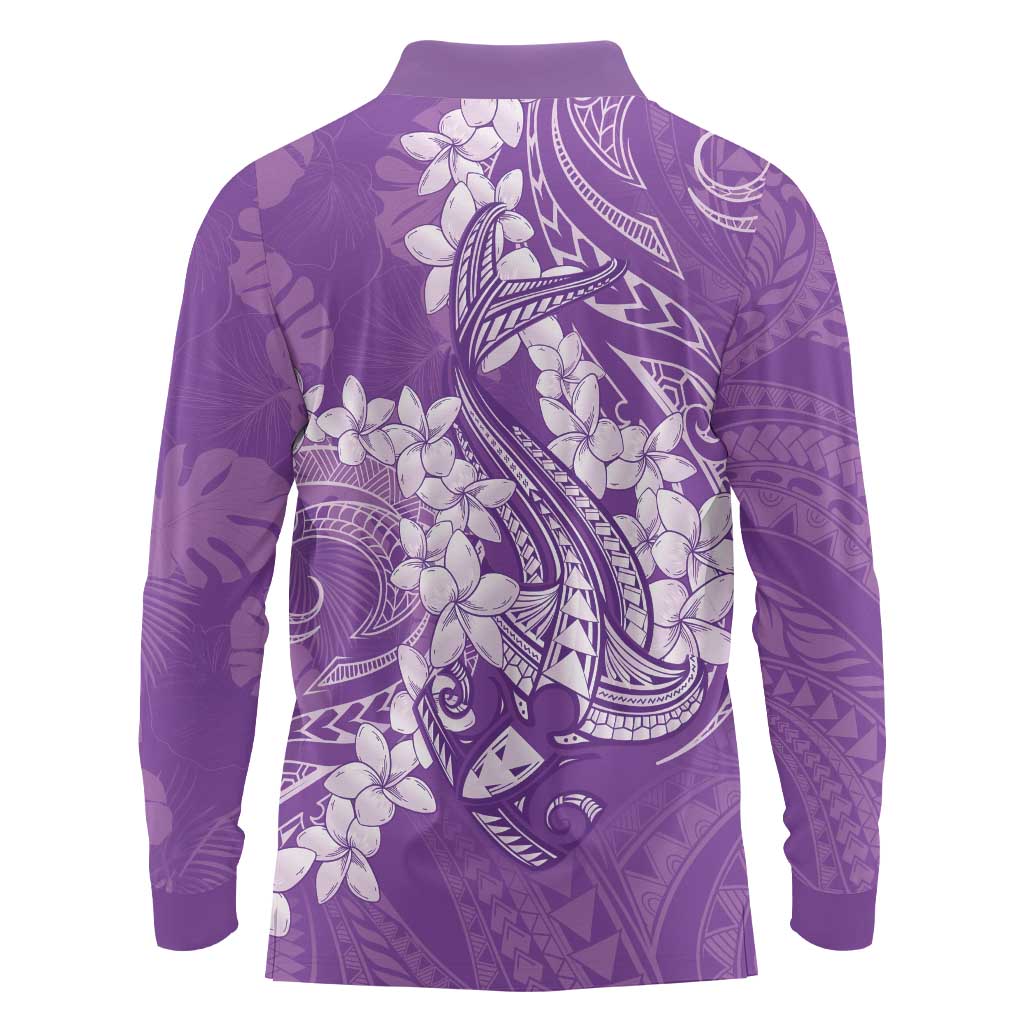 Purple Polynesia Hammerhead Shark Tattoo With Plumeria Lei Long Sleeve Polo Shirt LT14 - Polynesian Pride