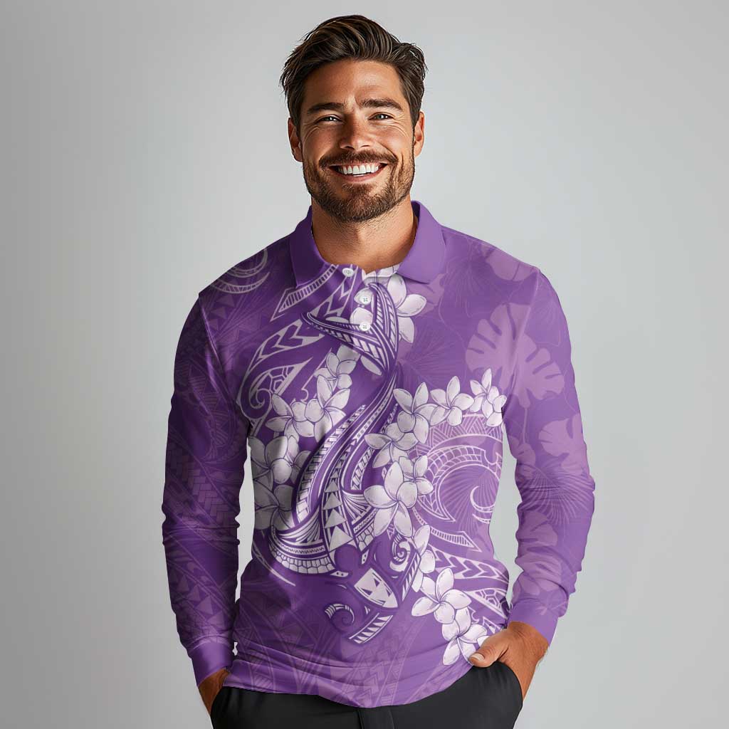 Purple Polynesia Hammerhead Shark Tattoo With Plumeria Lei Long Sleeve Polo Shirt LT14 - Polynesian Pride