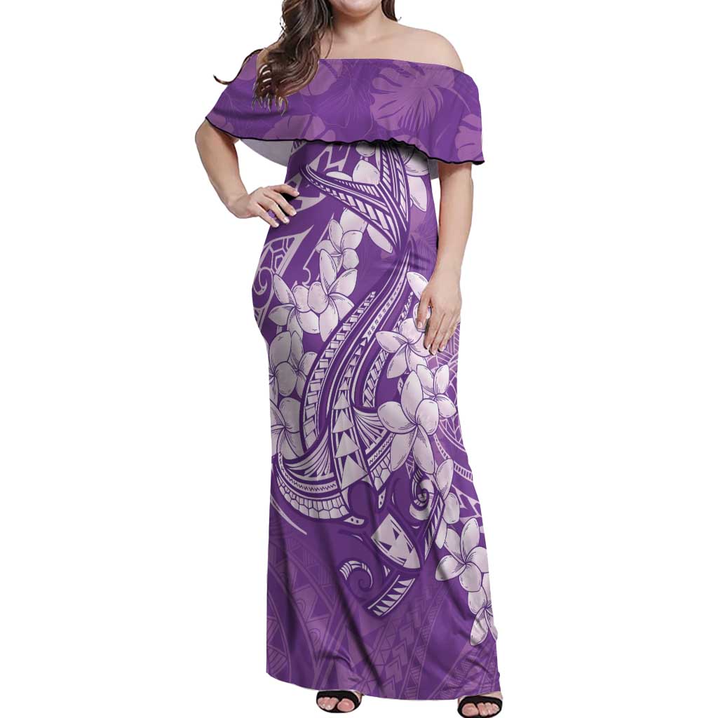 Purple Polynesia Hammerhead Shark Tattoo With Plumeria Lei Off Shoulder Maxi Dress LT14 Women Purple - Polynesian Pride