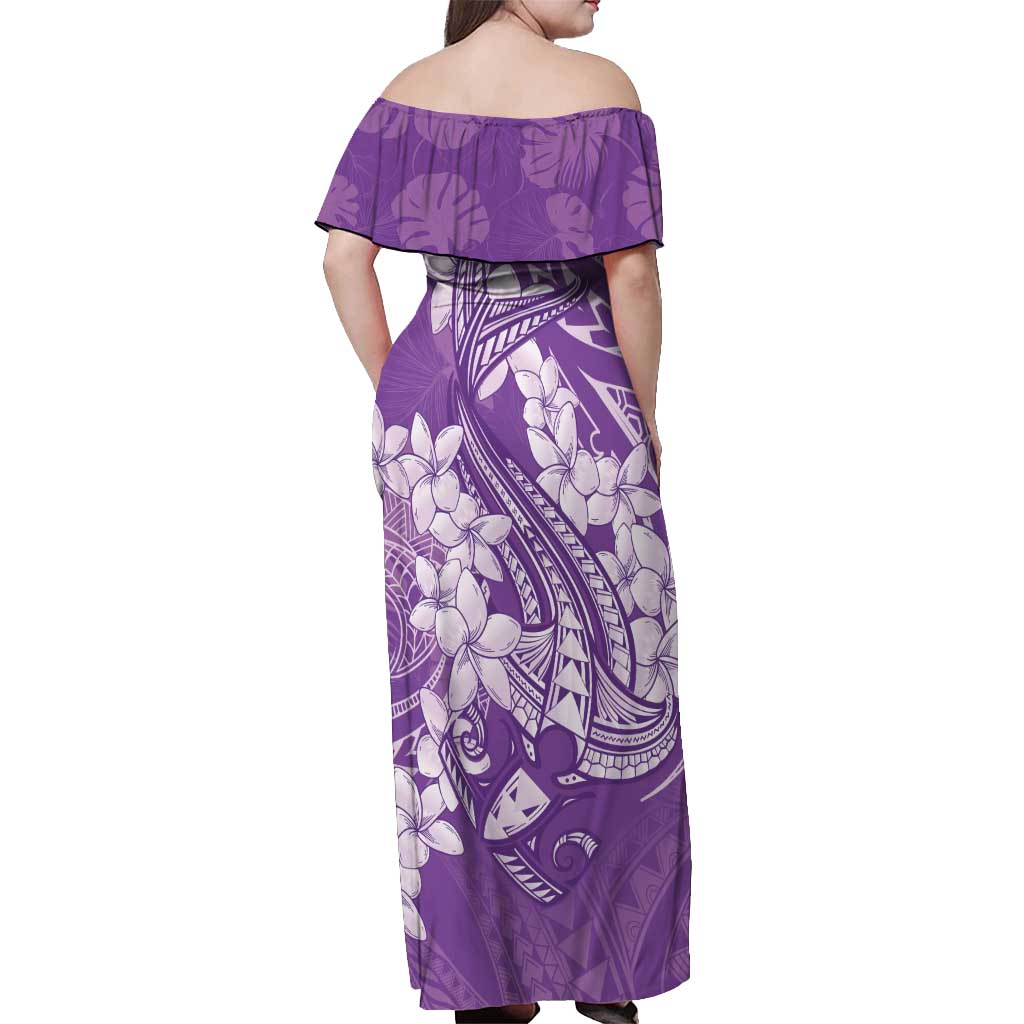 Purple Polynesia Hammerhead Shark Tattoo With Plumeria Lei Off Shoulder Maxi Dress LT14 - Polynesian Pride