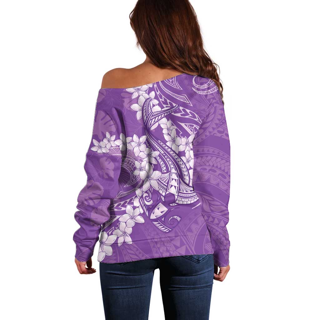 Purple Polynesia Hammerhead Shark Tattoo With Plumeria Lei Off Shoulder Sweater
