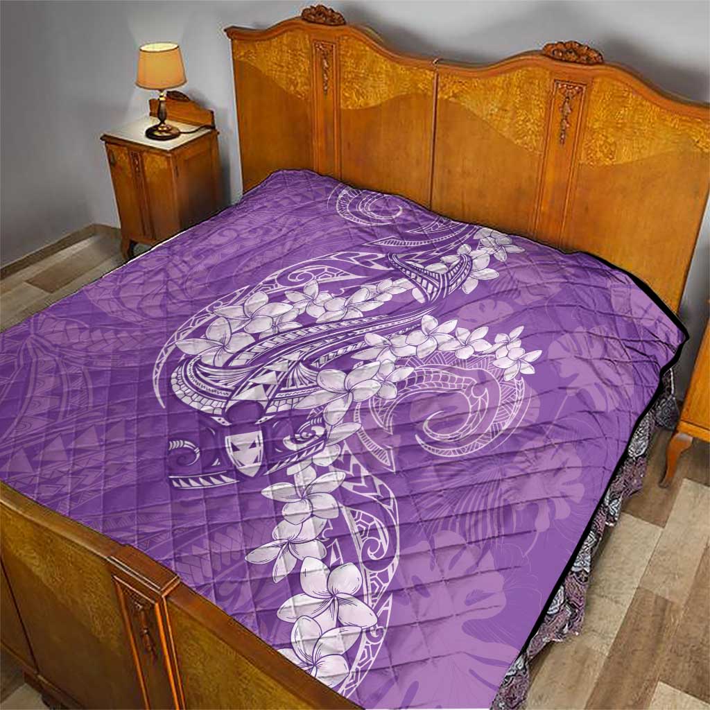 Purple Polynesia Hammerhead Shark Tattoo With Plumeria Lei Quilt