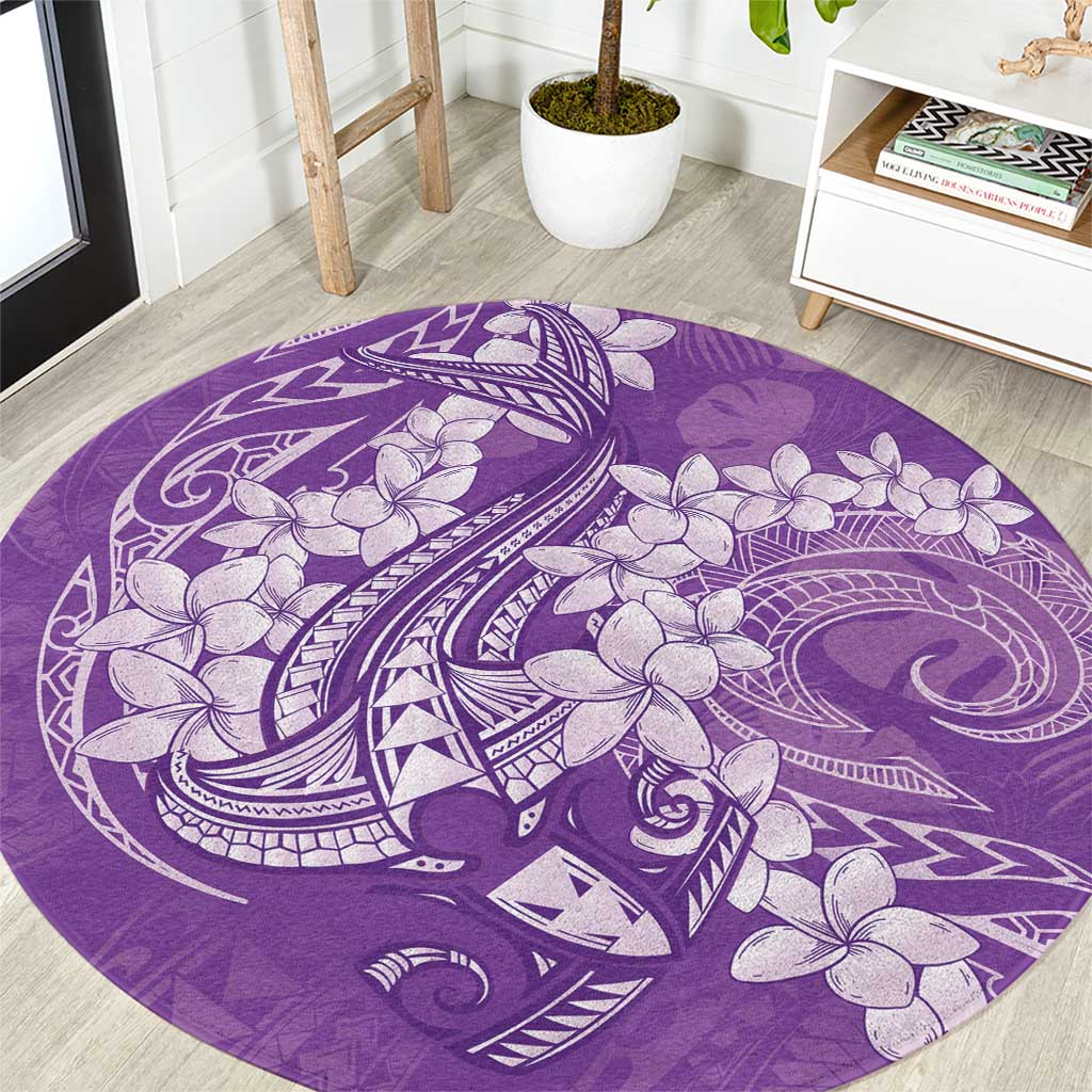 Purple Polynesia Hammerhead Shark Tattoo With Plumeria Lei Round Carpet