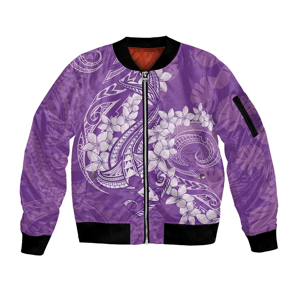 Purple Polynesia Hammerhead Shark Tattoo With Plumeria Lei Sleeve Zip Bomber Jacket