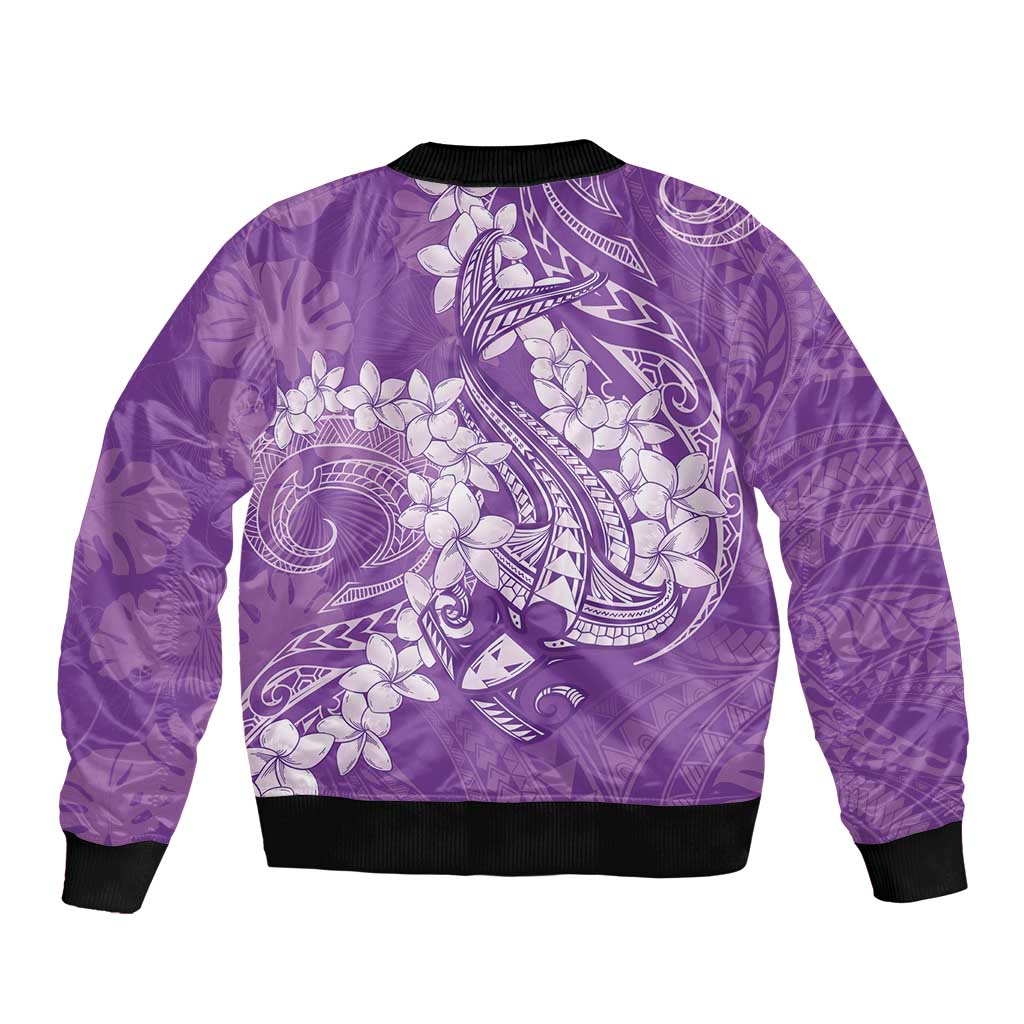 Purple Polynesia Hammerhead Shark Tattoo With Plumeria Lei Sleeve Zip Bomber Jacket
