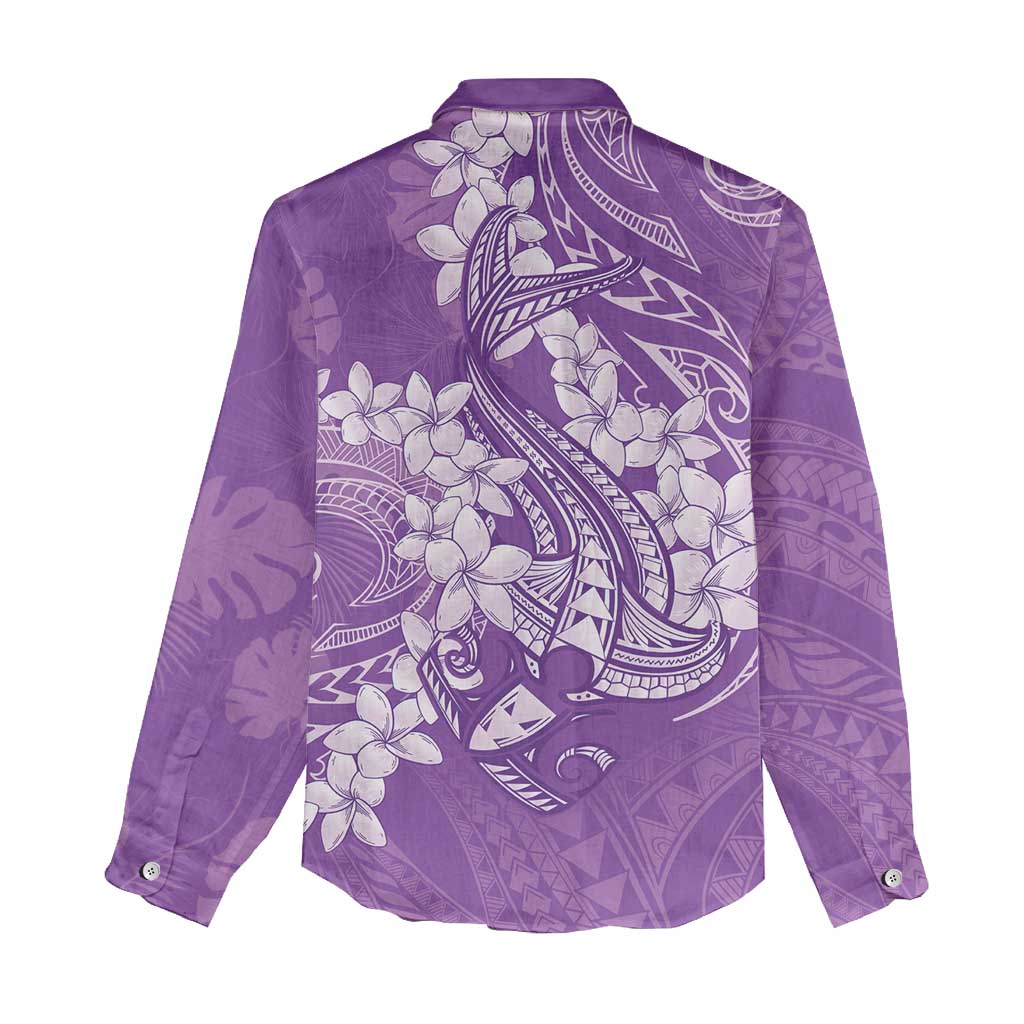 Purple Polynesia Hammerhead Shark Tattoo With Plumeria Lei Women Casual Shirt