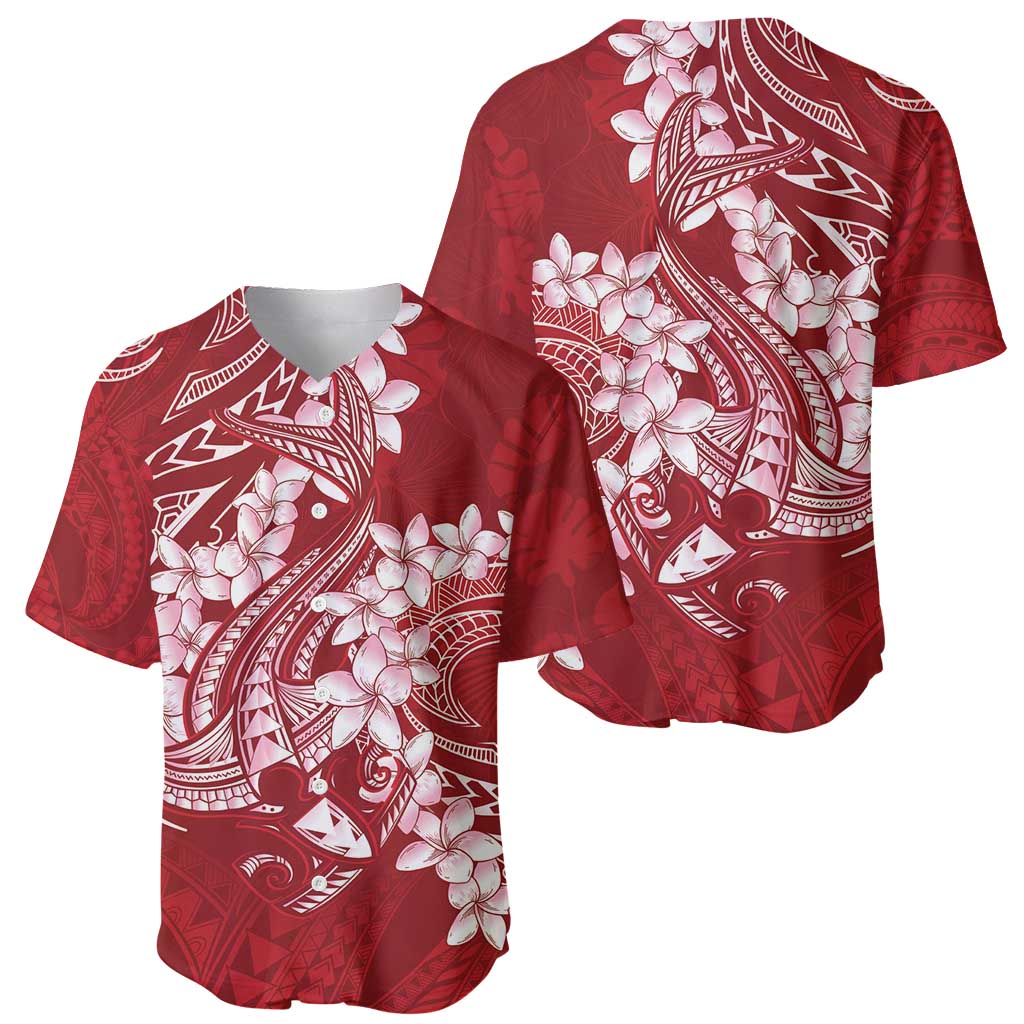Red Polynesia Hammerhead Shark Tattoo With Plumeria Lei Baseball Jersey LT14 - Polynesian Pride