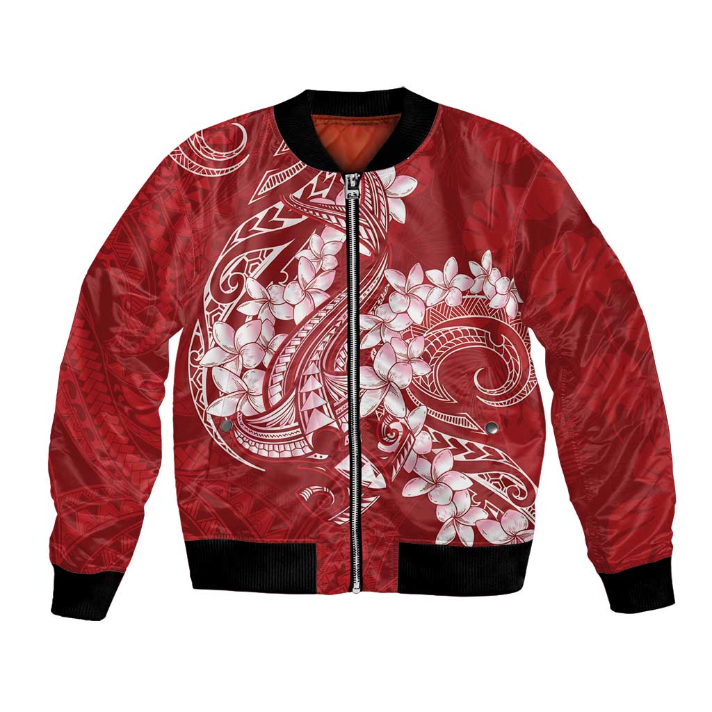 Red Polynesia Hammerhead Shark Tattoo With Plumeria Lei Bomber Jacket
