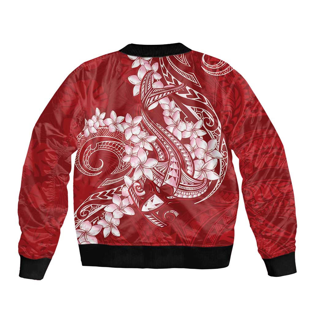 Red Polynesia Hammerhead Shark Tattoo With Plumeria Lei Bomber Jacket