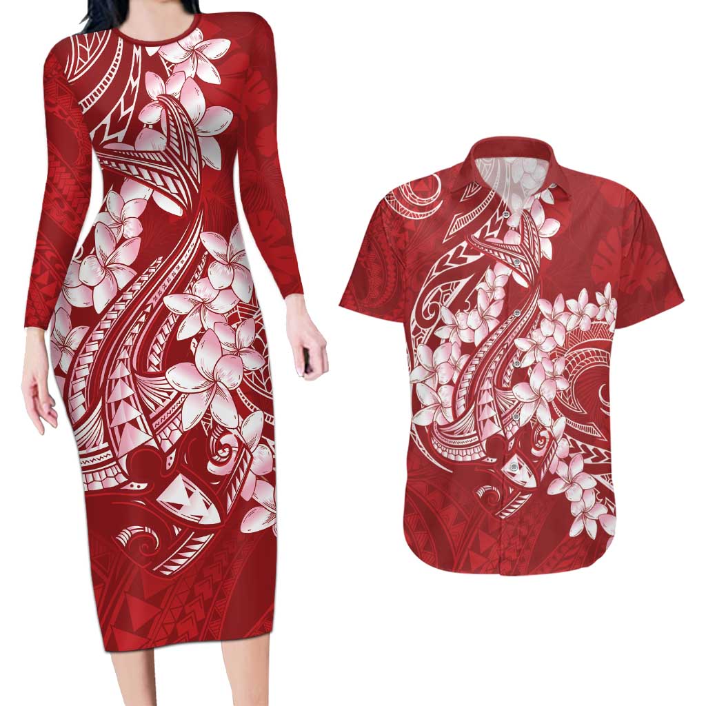 Red Polynesia Hammerhead Shark Tattoo With Plumeria Lei Couples Matching Long Sleeve Bodycon Dress and Hawaiian Shirt