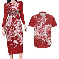 Red Polynesia Hammerhead Shark Tattoo With Plumeria Lei Couples Matching Long Sleeve Bodycon Dress and Hawaiian Shirt