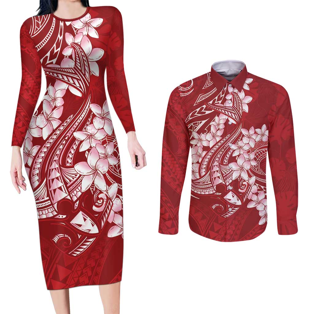 Red Polynesia Hammerhead Shark Tattoo With Plumeria Lei Couples Matching Long Sleeve Bodycon Dress and Long Sleeve Button Shirt LT14 Red - Polynesian Pride