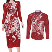 Red Polynesia Hammerhead Shark Tattoo With Plumeria Lei Couples Matching Long Sleeve Bodycon Dress and Long Sleeve Button Shirt LT14 Red - Polynesian Pride