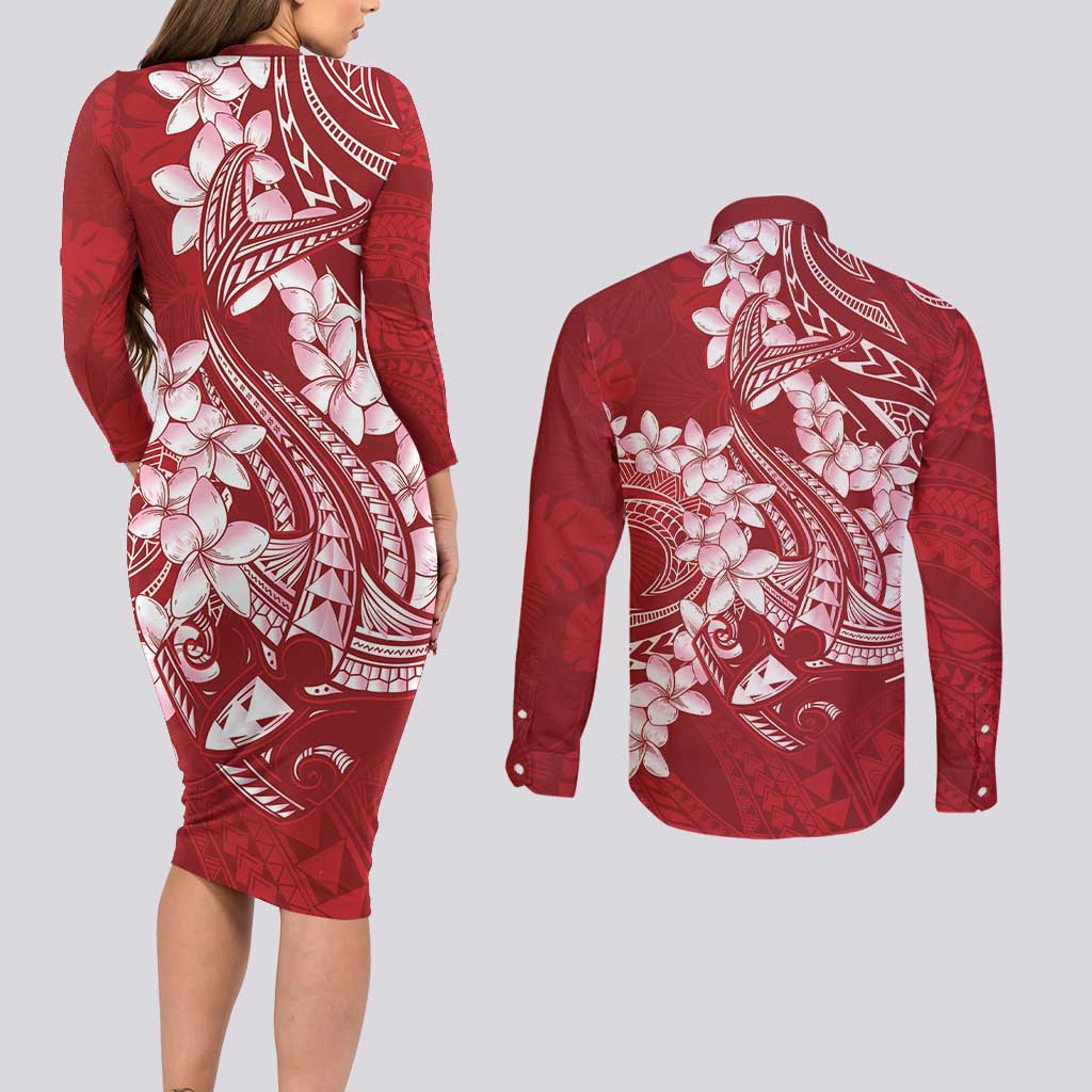 Red Polynesia Hammerhead Shark Tattoo With Plumeria Lei Couples Matching Long Sleeve Bodycon Dress and Long Sleeve Button Shirt LT14 - Polynesian Pride
