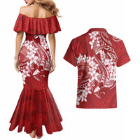 Red Polynesia Hammerhead Shark Tattoo With Plumeria Lei Couples Matching Mermaid Dress and Hawaiian Shirt